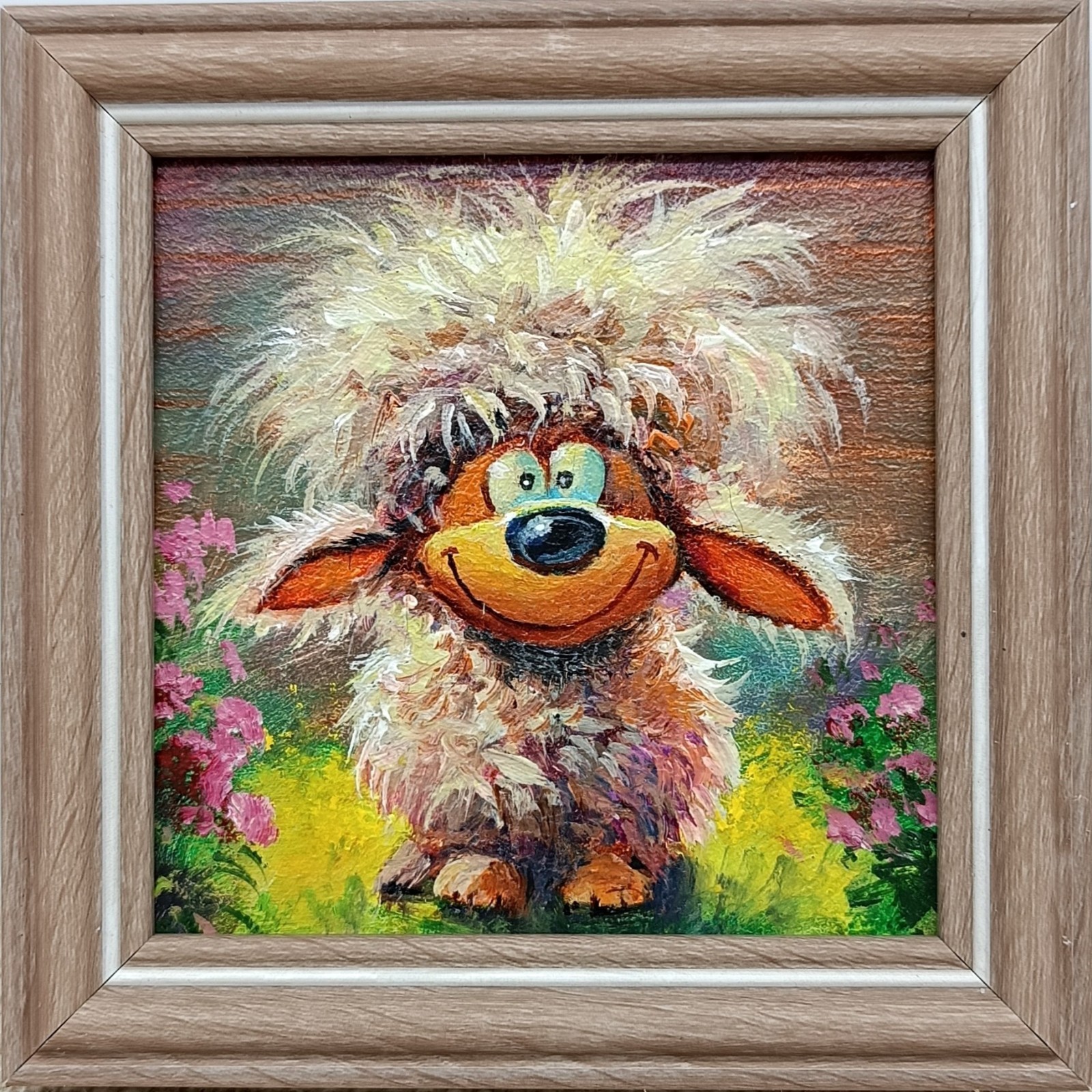 Original oil painting in a frame, portrait of a sheep, size 4×4 inches mini Art