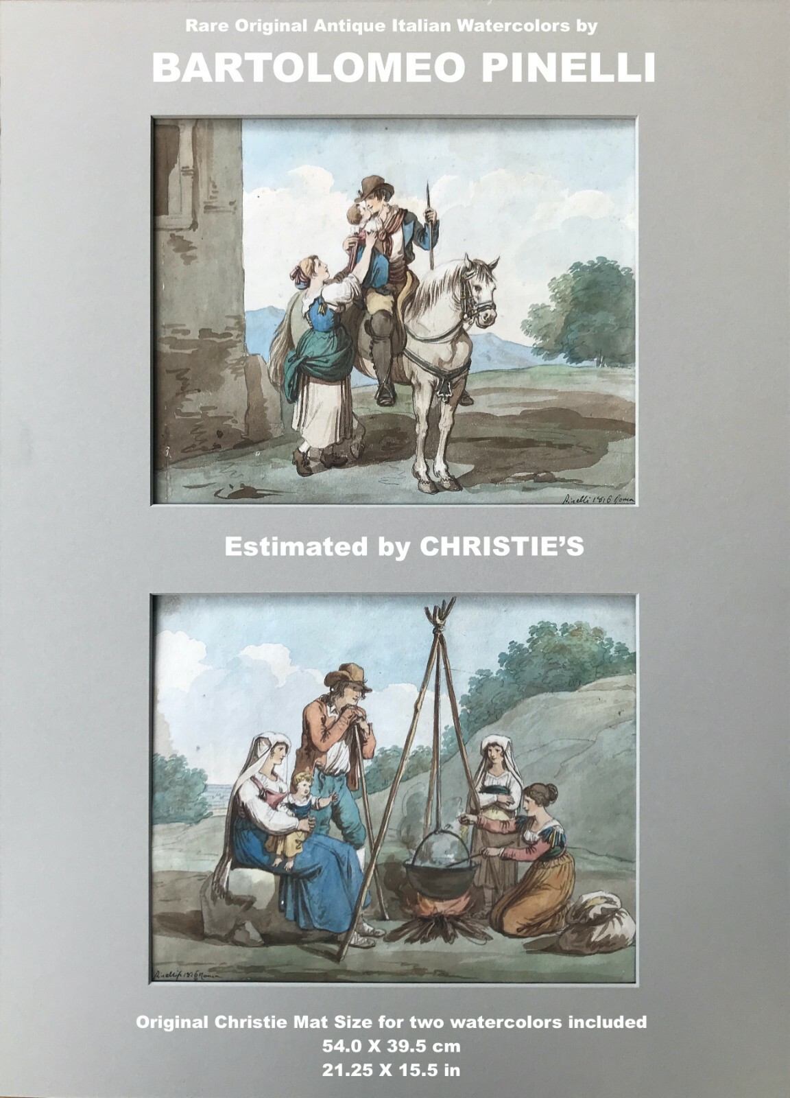 ORIGINAL ITALIAN ANTIQUE WATERCOLORS / signed by BARTOLOMEO PINELLI / Rome 1816