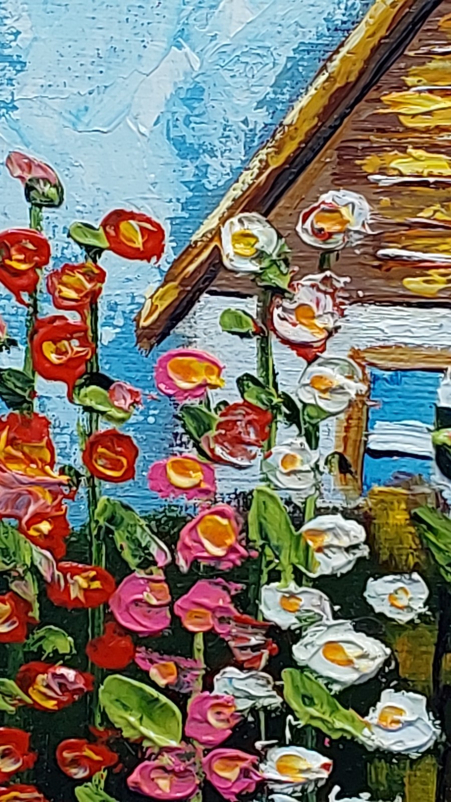 Original Rustic Cottage Painting with Sunflowers, Farm Art, Oil on Canvas 7×8 in