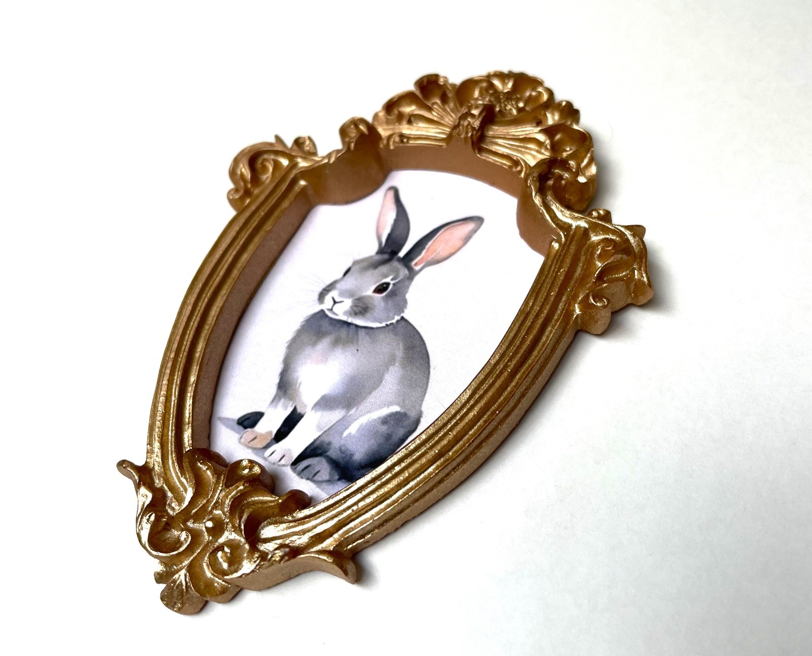 Gray Bunny Rabbit Framed Miniature Mini ART PRINT Gold Ornate Frame NOT ACEO
