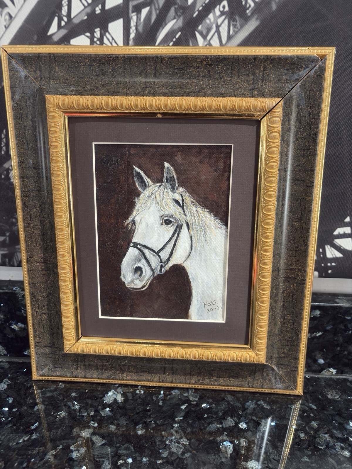 Original Oil On Canvas Panel Title “The White Horse”Signed By Artist Kati 2002
