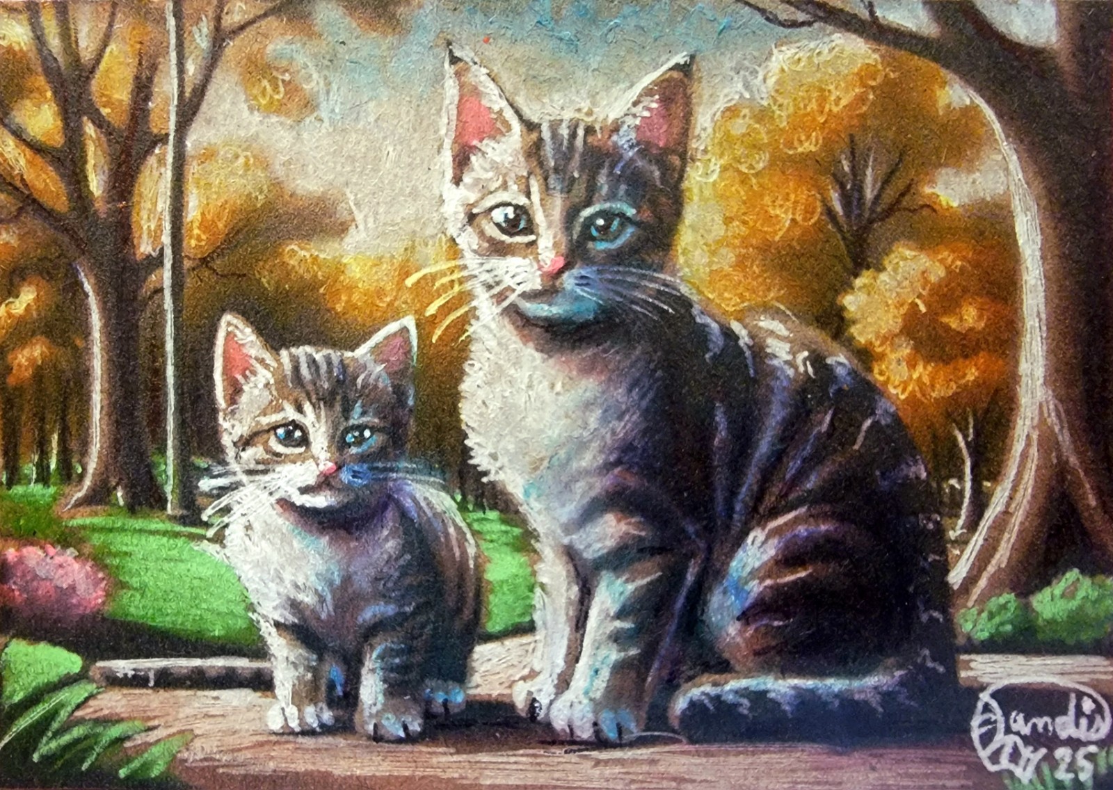 ACEO Jacob Landis Kitty Tabby Cat ORIGINAL Art Print # /25 «Supper For Three»