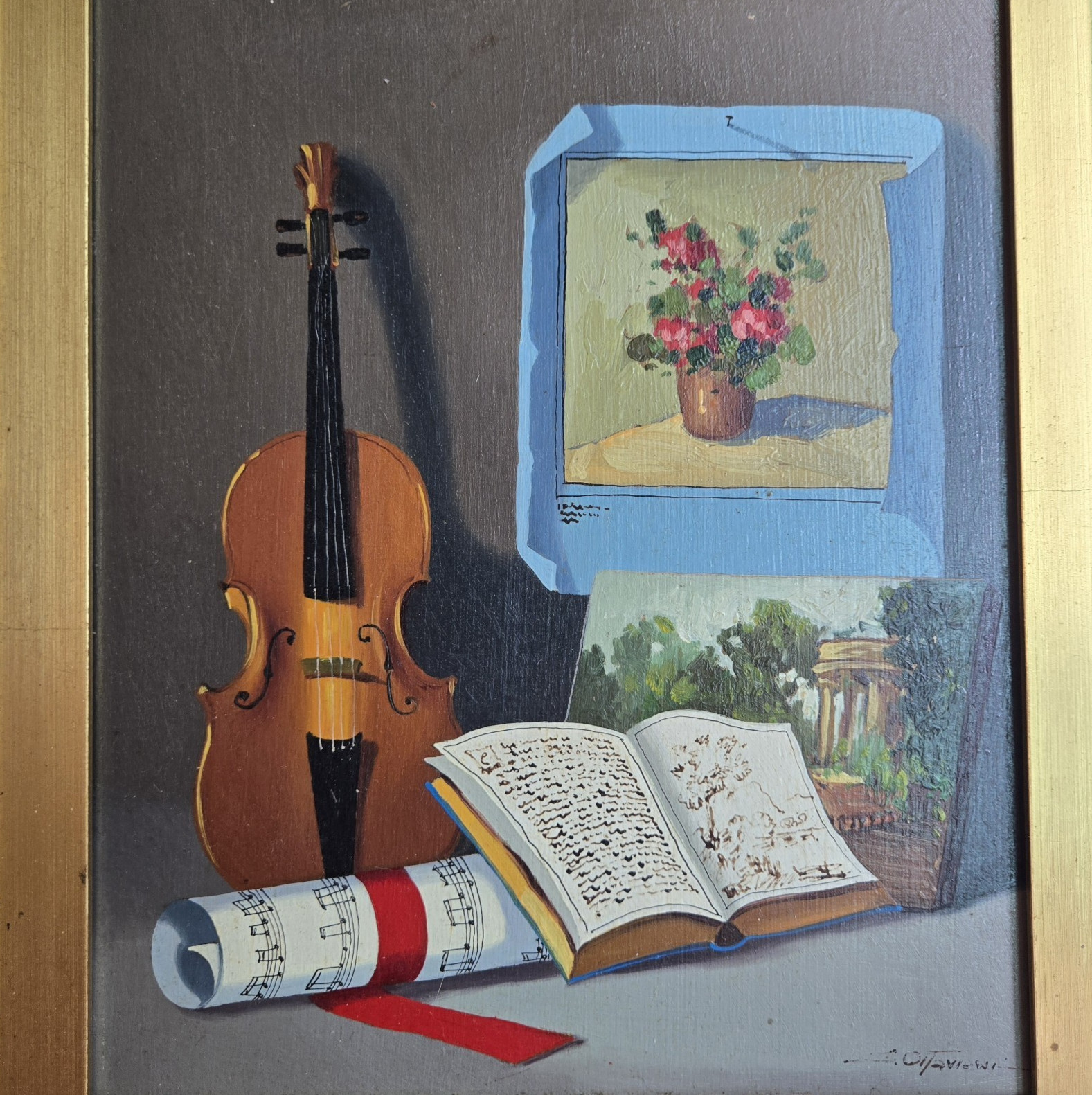 Silvio Ottaviani Still Life Oil On Board Painting Italy Art Violin Music Books