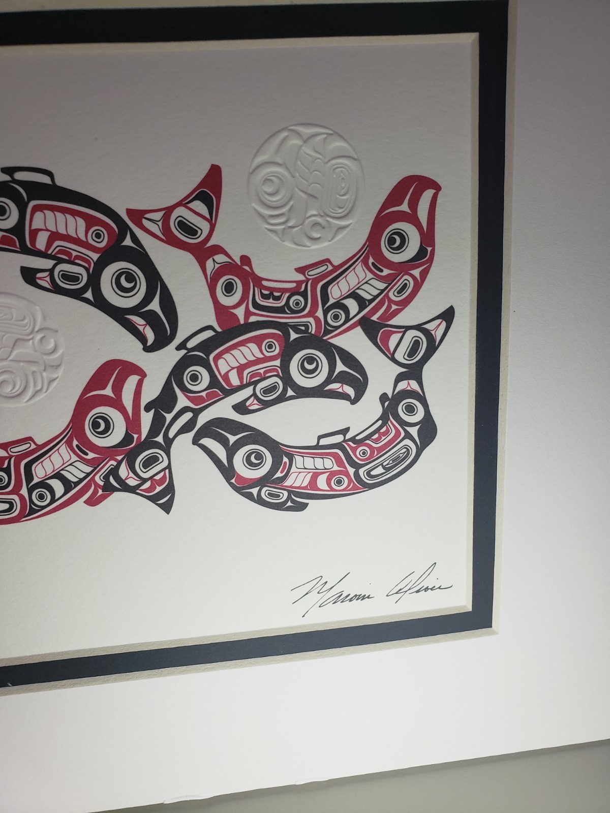 Marvin Oliver Embossed Print w/ Mat «Spawning Salmon» Native American Red 10″x8″