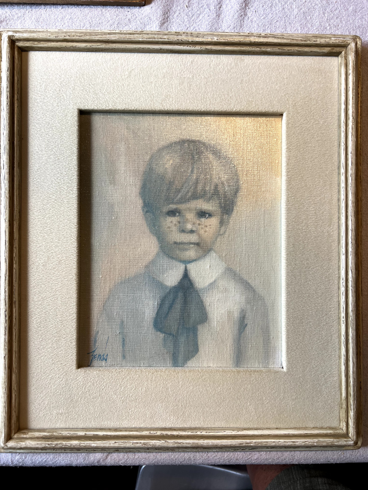 Pat Zenda Boy with Freckles Portrait Oil on Canvas Painting Wood Frame Velvet