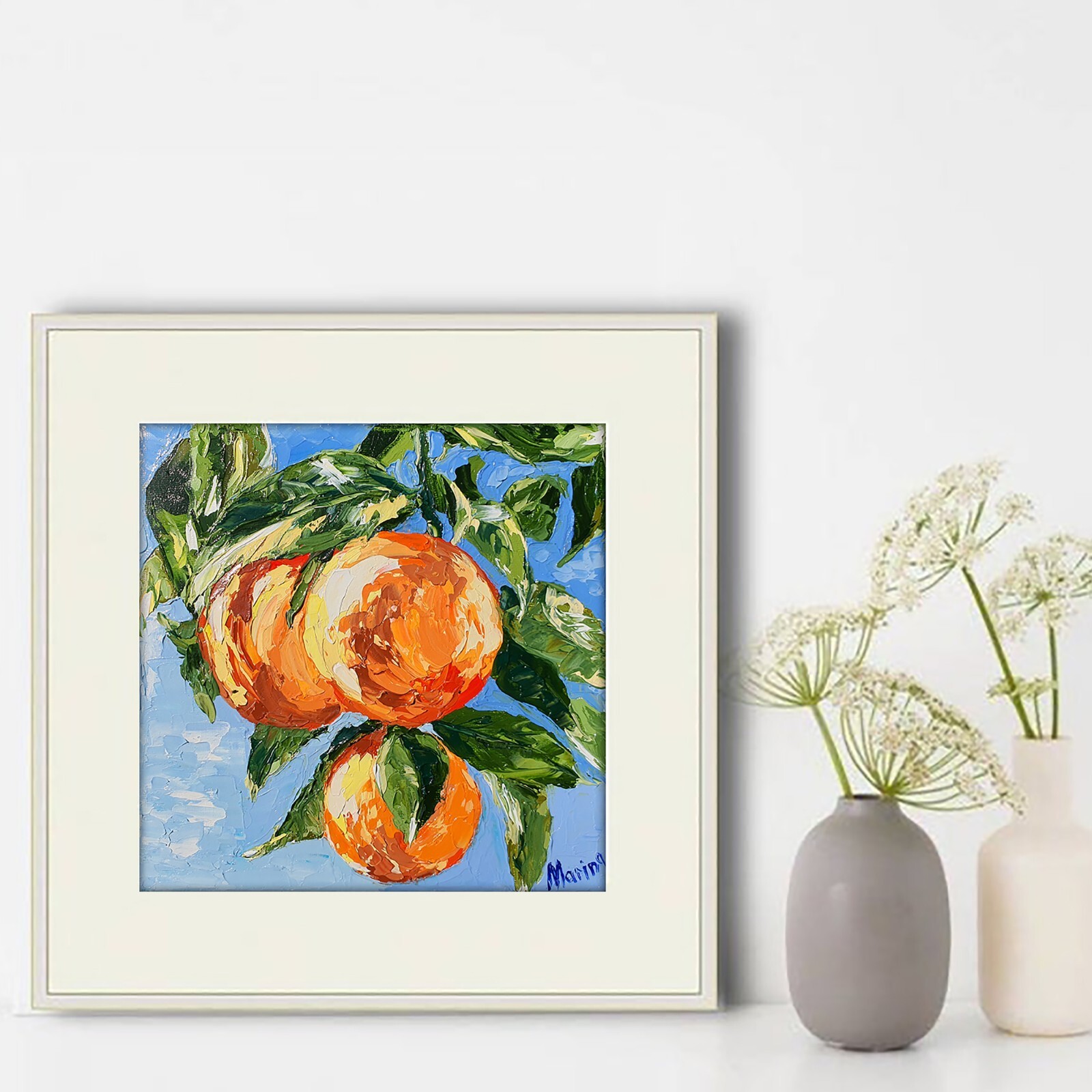Orange Painting Tree Branch Original Art Citrus Fruit Still Life Small Vegetable