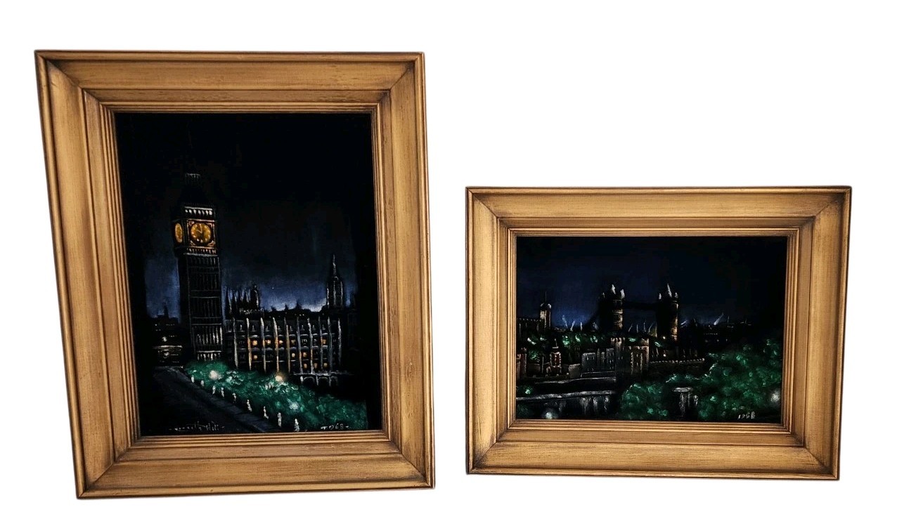 2 Vtg Black Velvet Painting London England Big Ben Framed 1968 21″x17″ 18.5×14.5