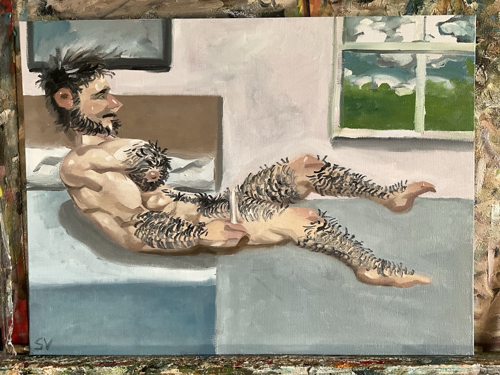French Realism Man Lounging Boudoir Human Man 16×12 Org Oil Painting On Canvas