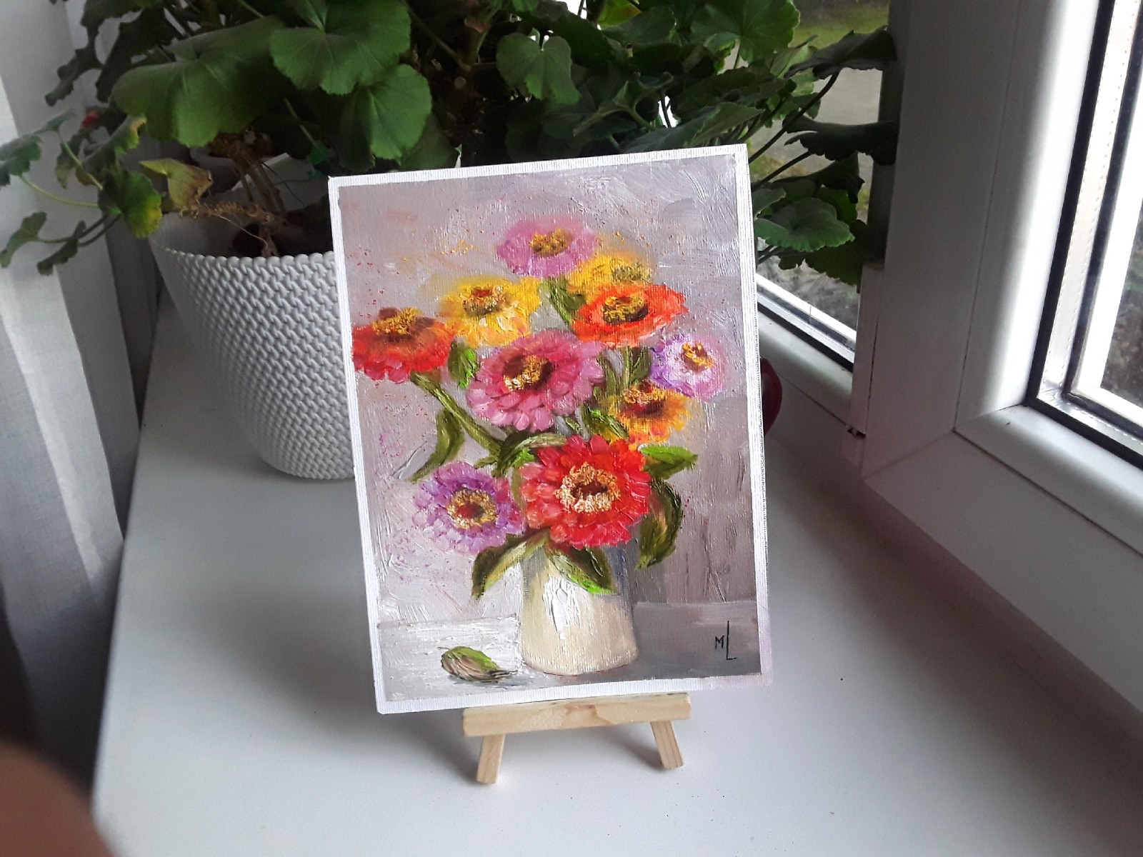 Original Oil Painting Zinnias in Vase Flowers Painting Garden Flowers Art 6x8in