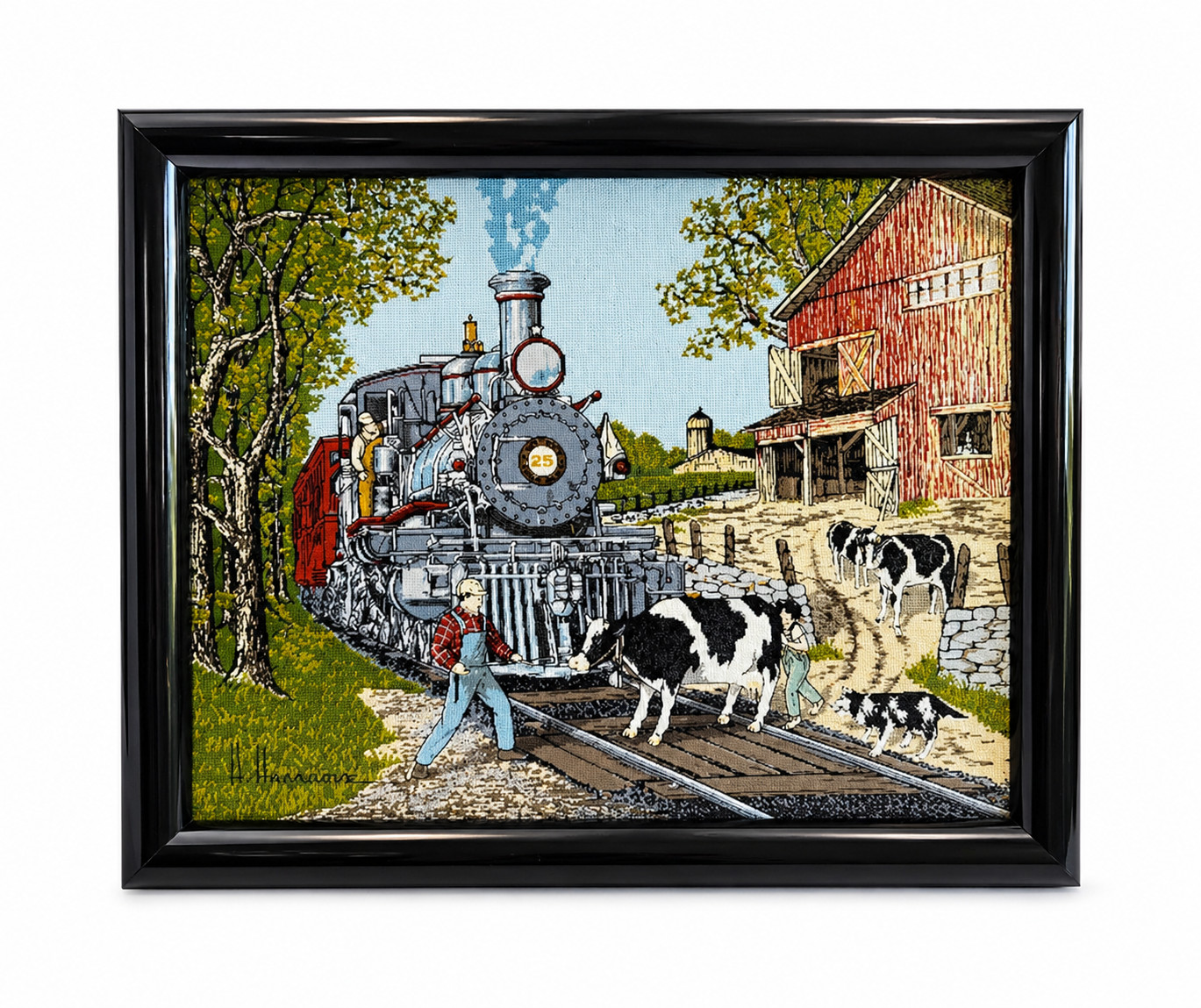 Vintage H. Hargrove Steam Locomotive Framed Art Train Farm Scene Signed