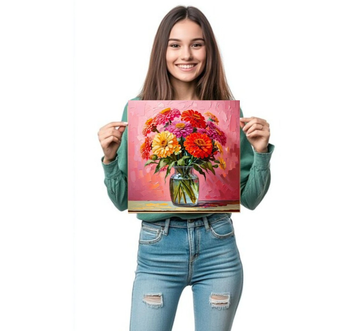 ORIGINAL Oil PAINTING on Canvas Zinnia Textured Art 12×12 in Custom Order