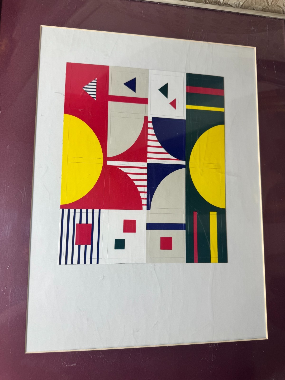 Vintage Geometric Abstract Mixed Media Composition Silver Tone Metal Framed