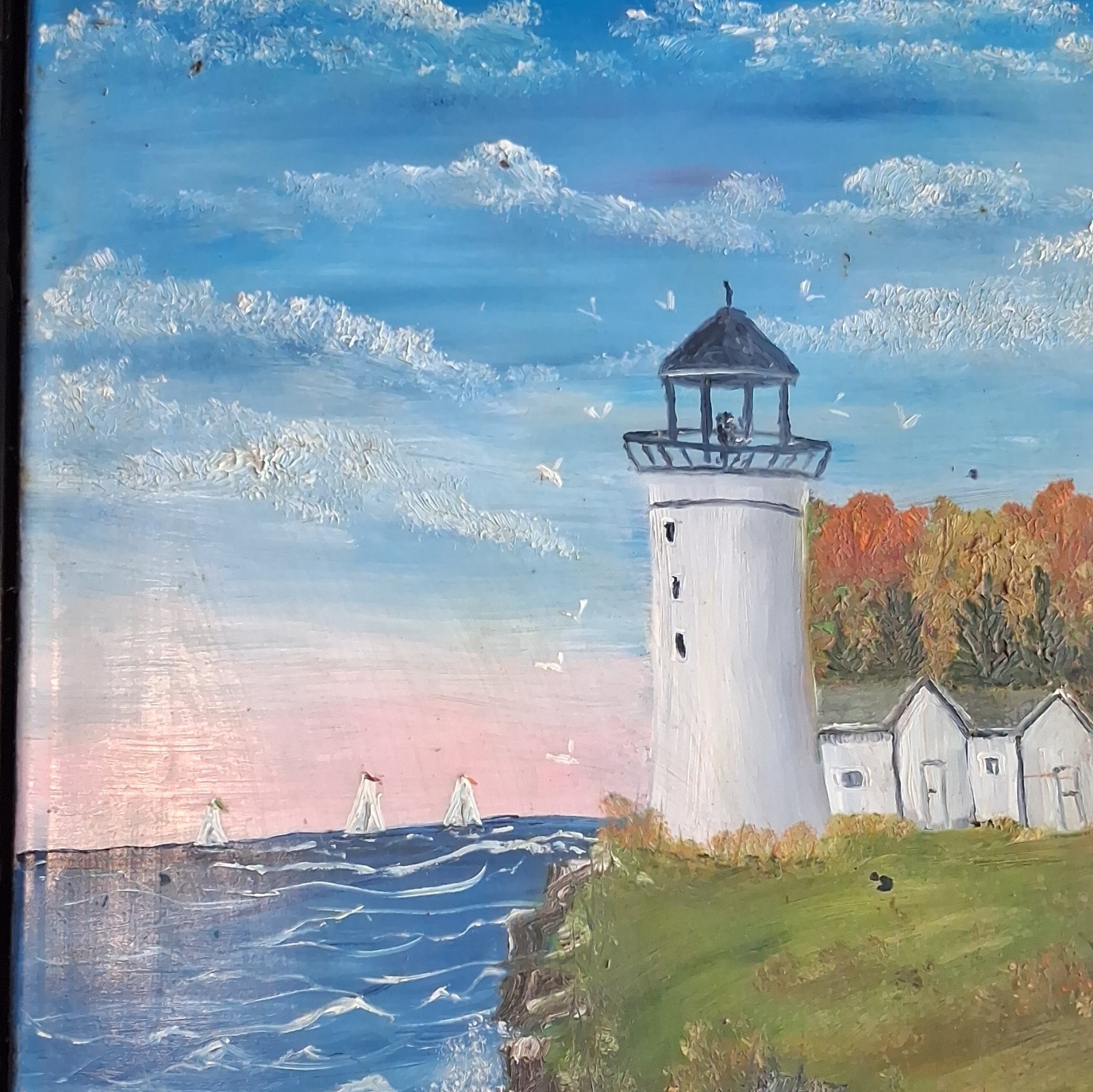 Framed Impressionist Lighthouse Seascape Painting with Sailboats Nautical