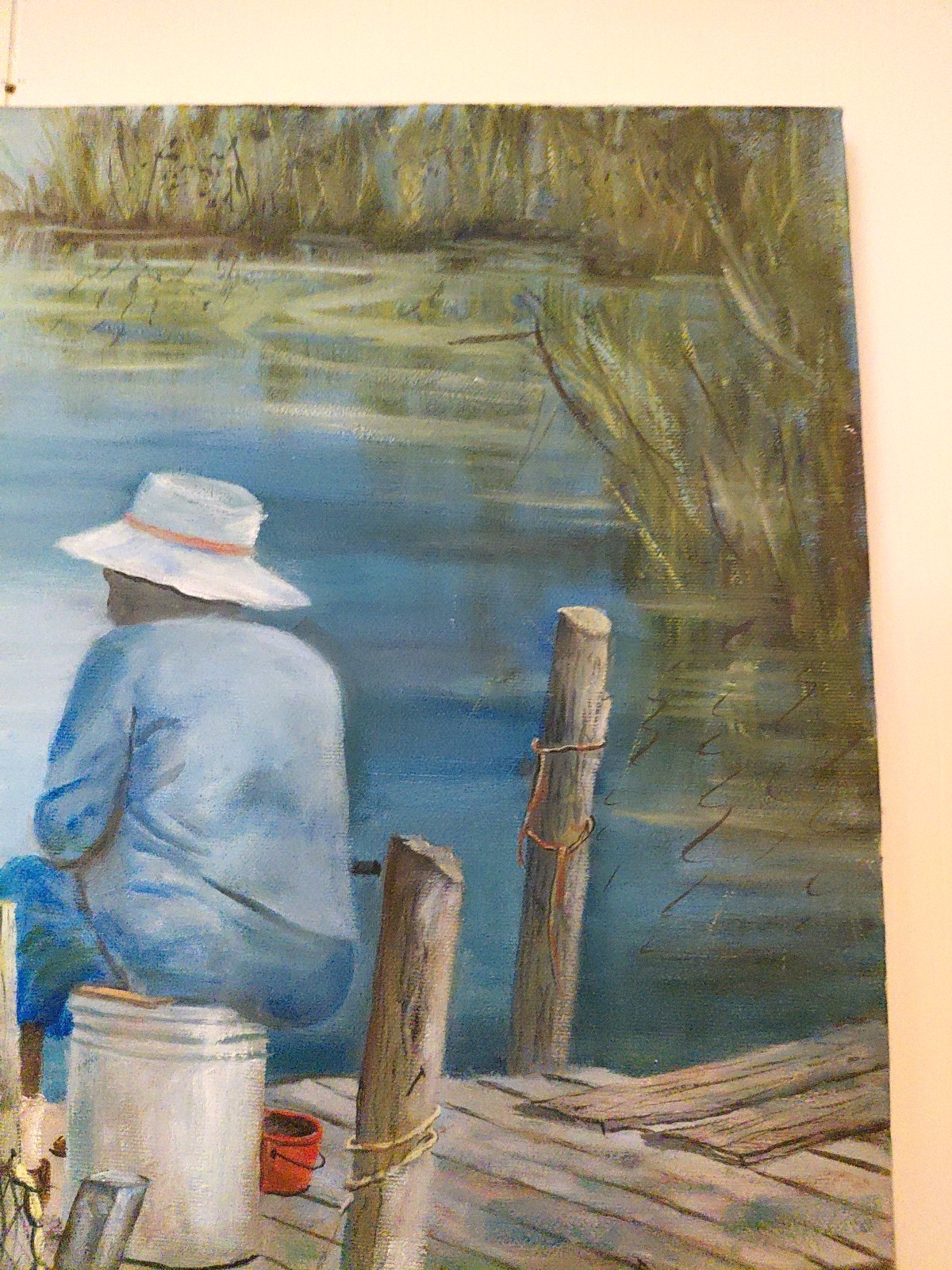 Old Woman Fishing in the Bayou Louisiana Oil on Canvas 16 x 20 Nellie B. Johnson