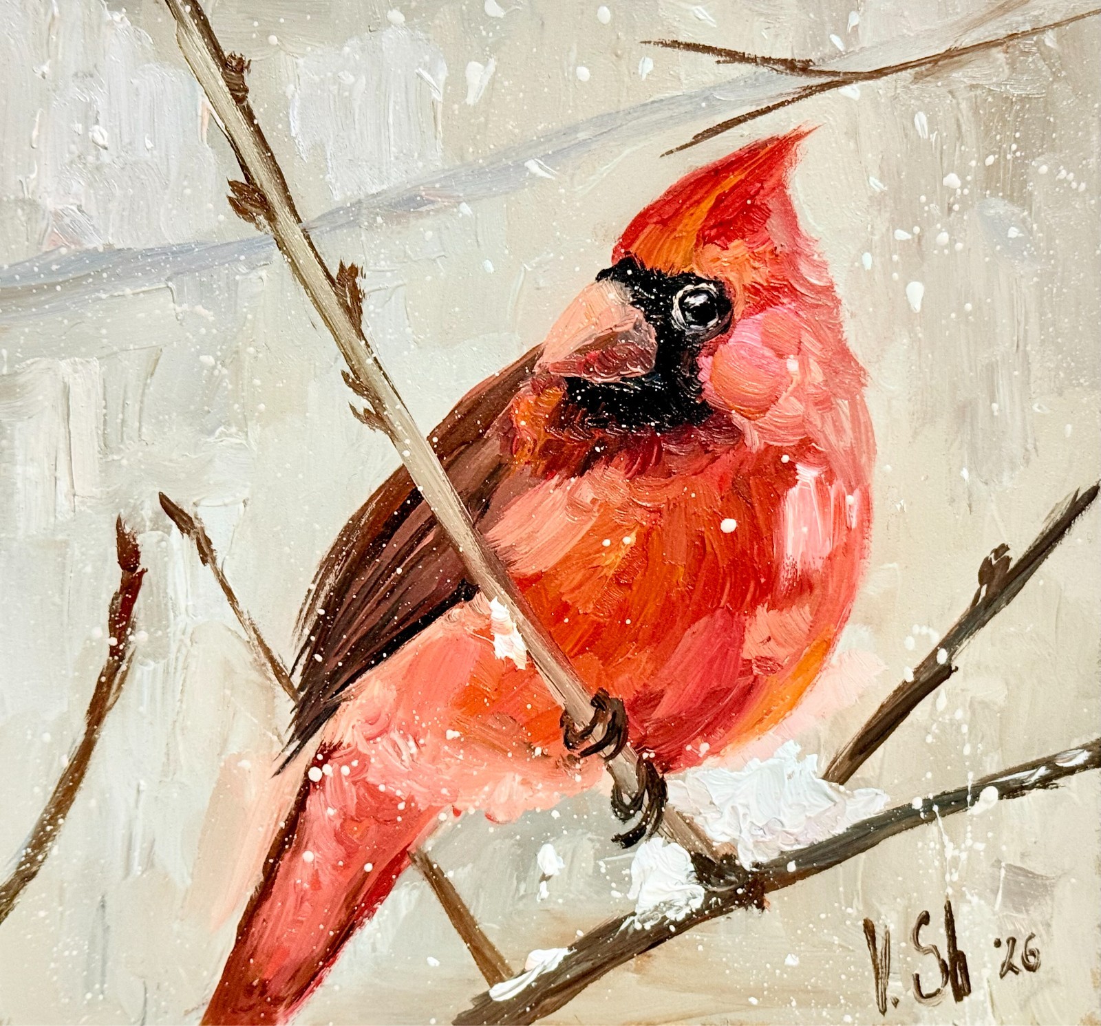 Cardinal Original Oil Painting Red Bird Artwork Signed Art 6×6 in
