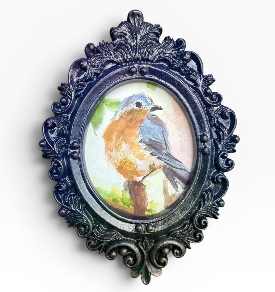 Bluebird mini watercolor bird print of original painting • vintage ornate frame