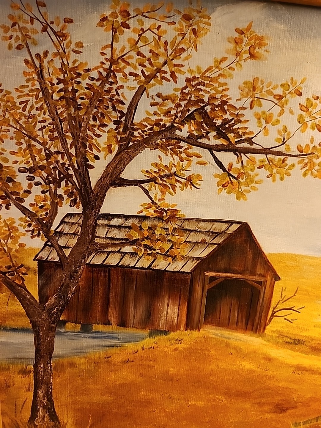 Vtg Wood FRAMED Painting Farm Still Life Wagon Rolling Hills Art Picture Signed