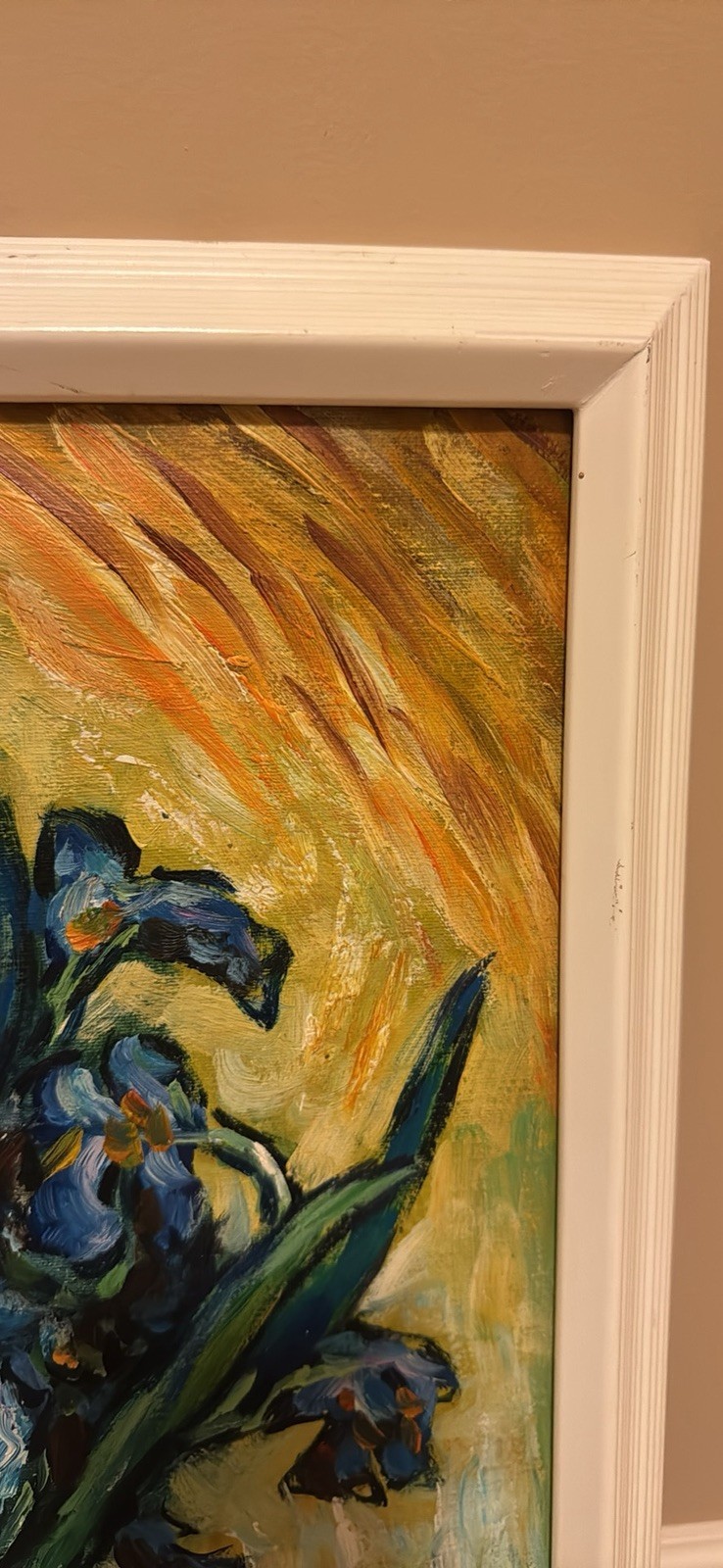Vase with irises against a yellow backdrop – Original Oil Painting By Geelong