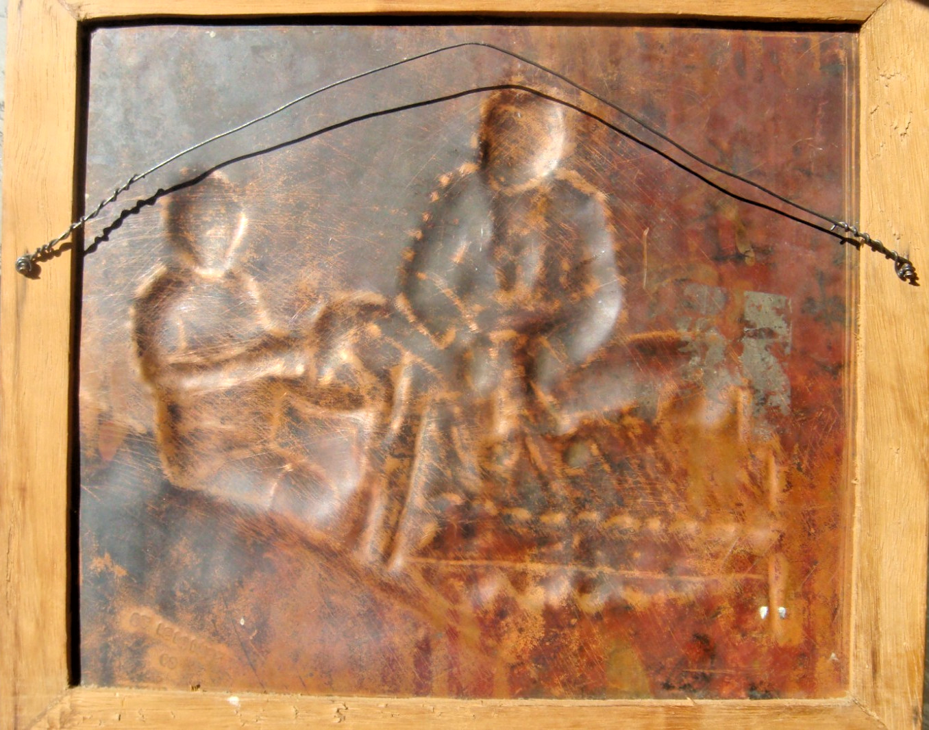 African Relief painting on copper signed by the Congolese artist Guycha Tshidibi