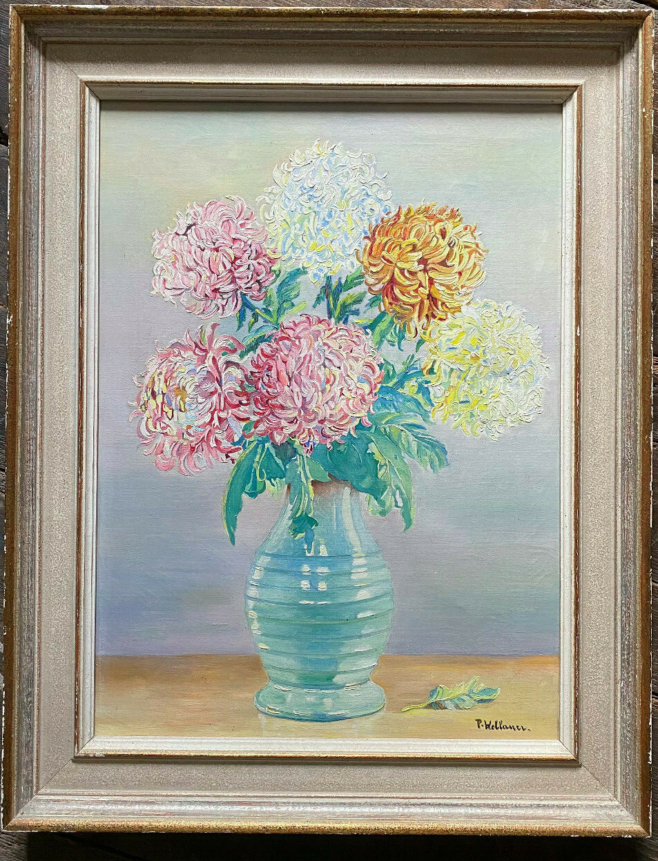 OIL PAINTING STILL LIFE CHRYSANTHEMUMS in GLASS VASE FRAME ANTIQUE PASTEL TONES