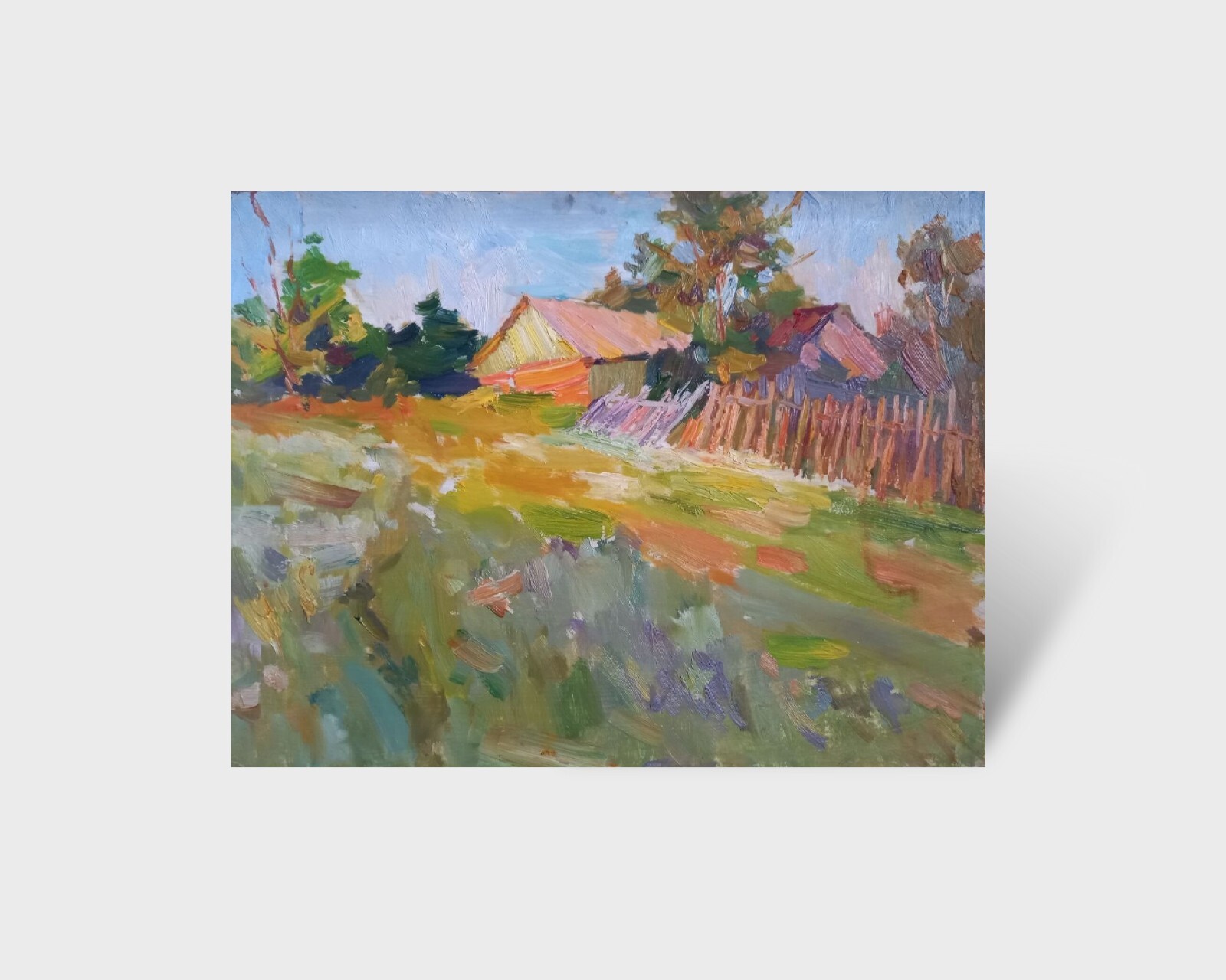 Oil painting Huts Ukrainian painter cardboard original rural landscape art