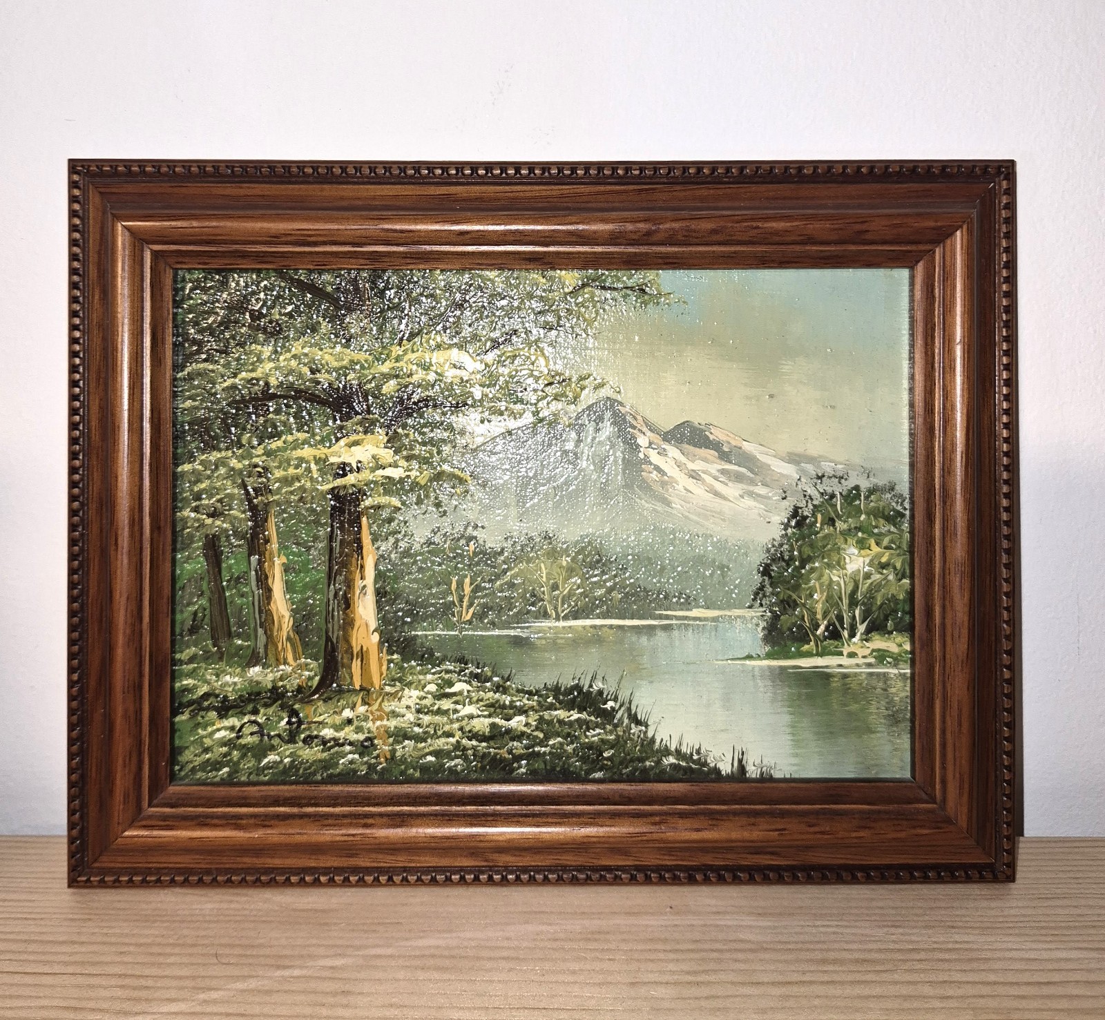 Peaceful Mountain Landscape Painting Framed No Glass 8 3/4″ by 6 3/4″ By Antonio