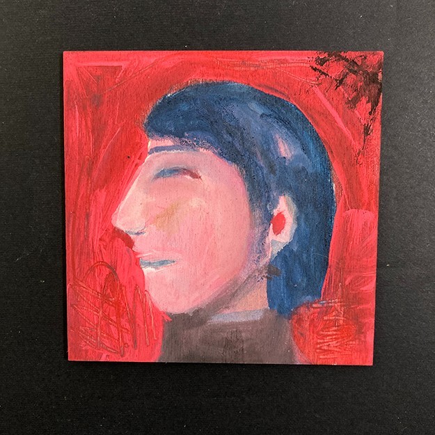Original Portrait Painting Quirky Woman Red Naive Square Mini Expressive Art