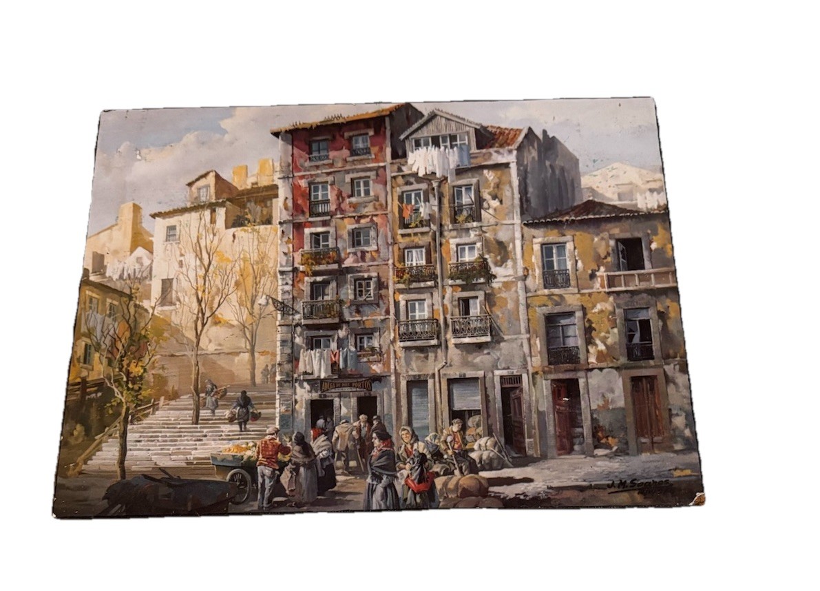 Jose Manuel Soares Artwork Oil On Board? Libson Portugal Street Scene