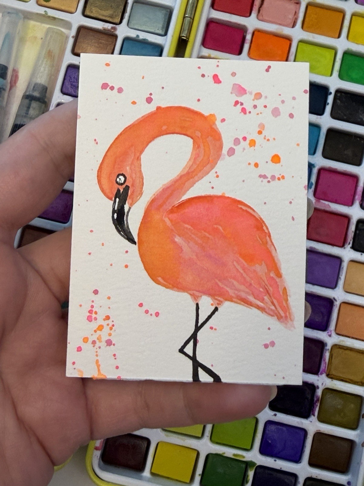 ACEO Original Watercolor Painting 2.5×3.5in – Flamingo – Mini Art