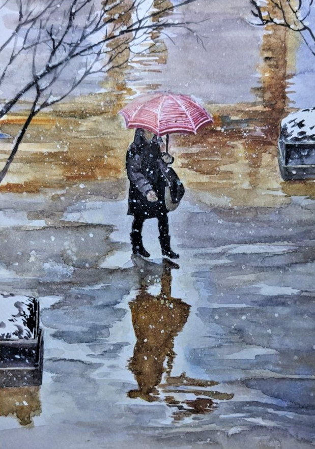 Autumn Watercolor Painting Woman with Umbrella Reflection in Rain Puddle Art