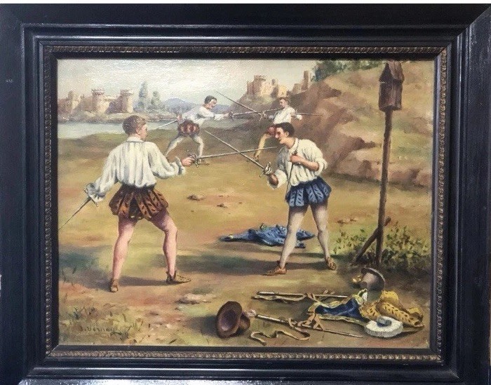 «Duel Of Fencers»Josephine Vernay Original Signed Oil Painting On Panel.