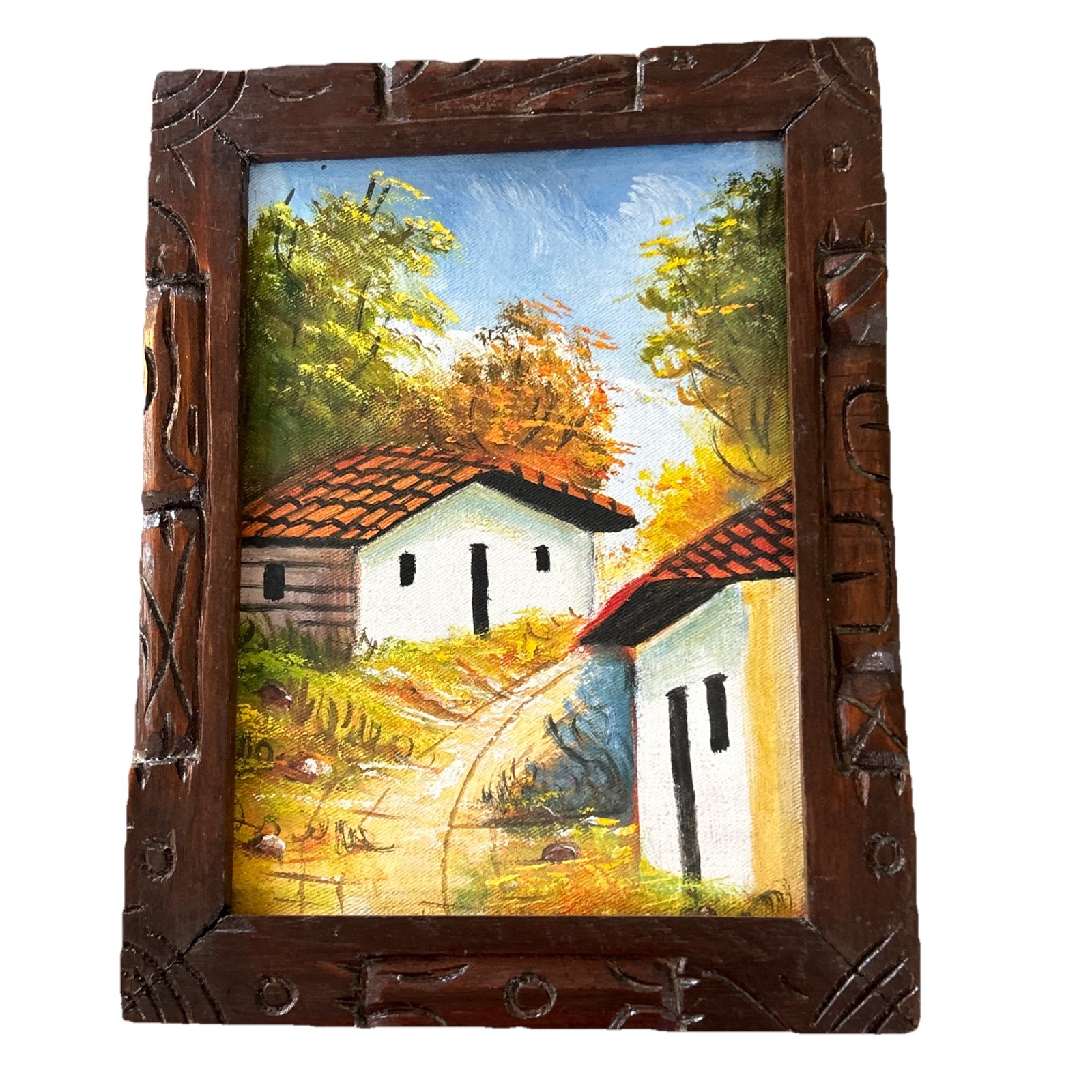 Vintage Burlap Painting Hand Carved Wood Framed Tiled Roof House on Hill Rodas