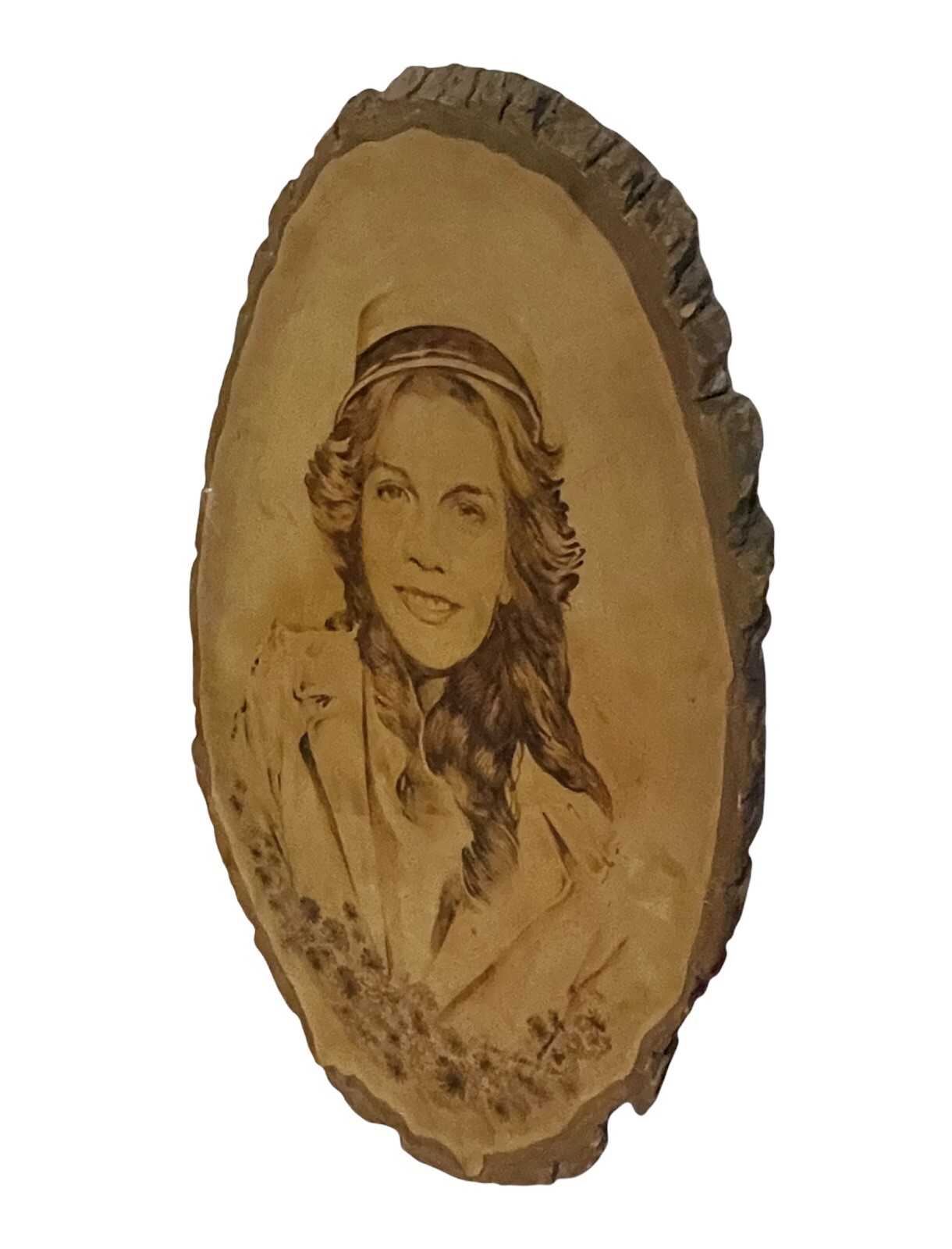 1970s Signed Portrait Burn Etching PAINTING On Live Edge Tree Wood Slab 27 X 17”