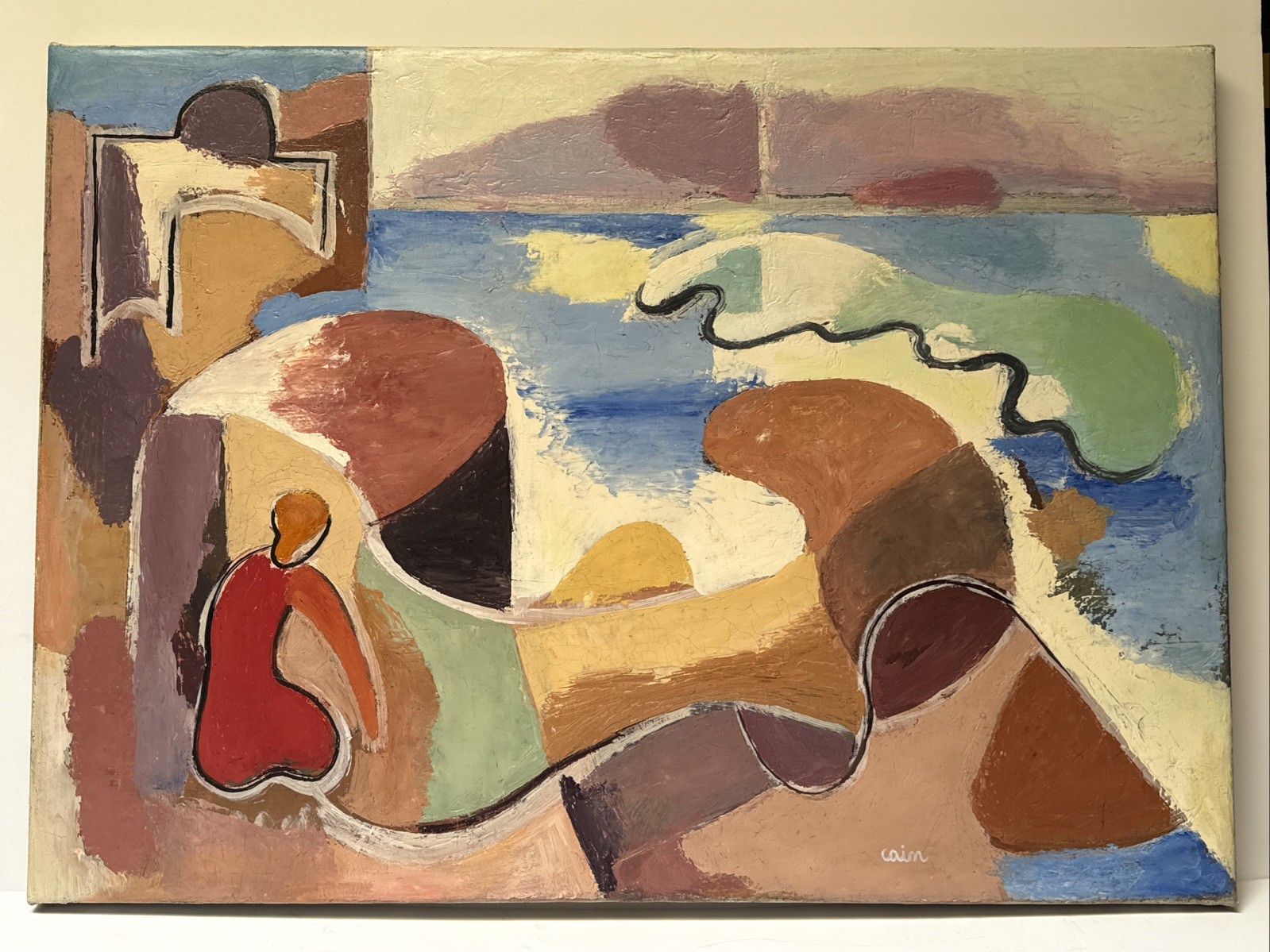 JO CAIN PAINTING BEACH COAST CUBIST ABSTRACT MID CENTURY MODERNISM FAMOUS LARGE