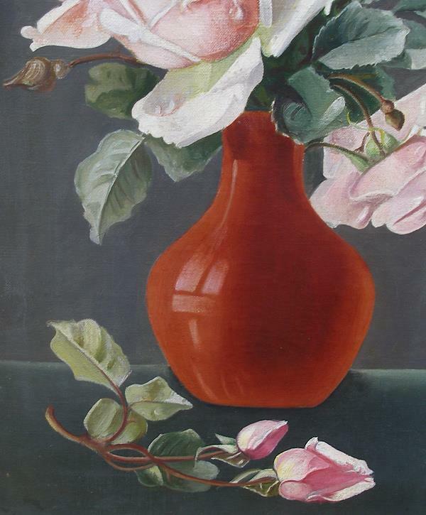Pink roses in red vase. Fine salon oil. Circa 1920.