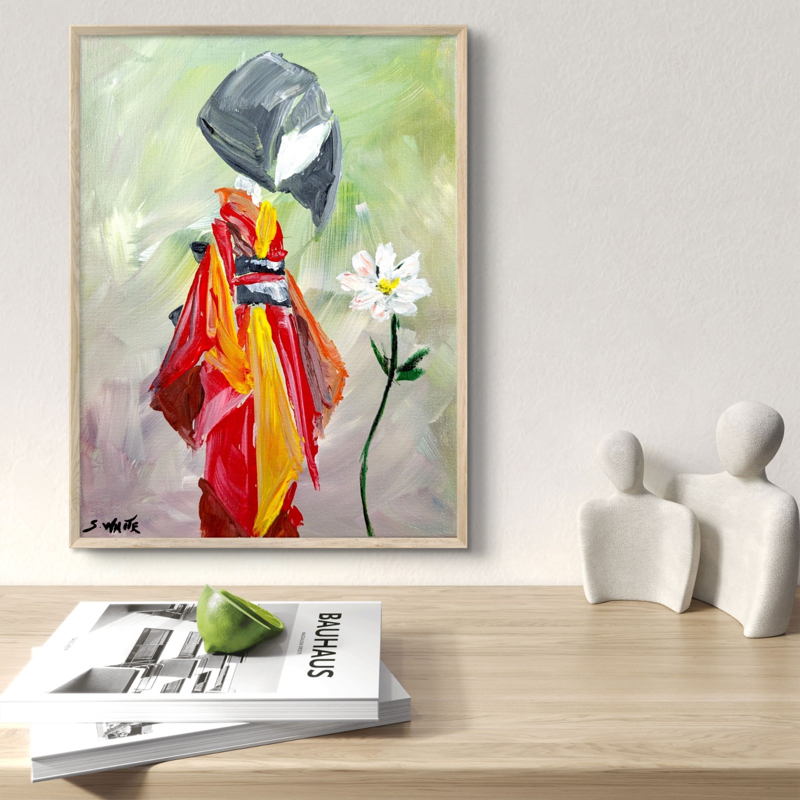 Geisha Painting 9×12 Expressionist Abstract Japanese Red Canvas Wall Art SWhite