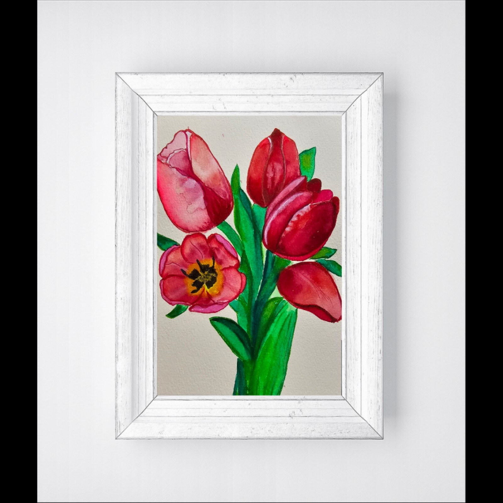 Red tones of love: an original tulip, hand-painted in watercolor – a beautiful