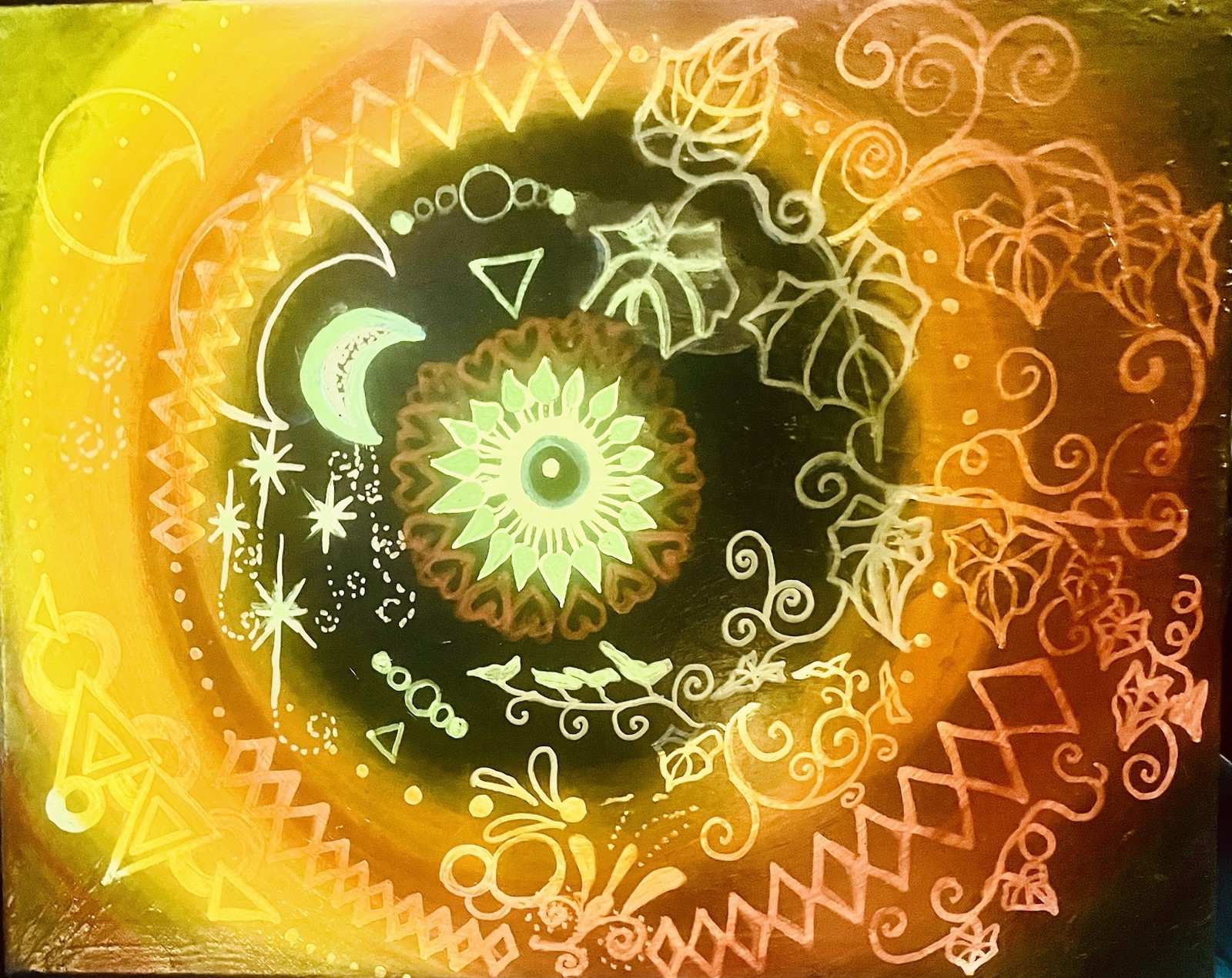 Abstract Celestial Mandala Painting – Stars Moon Nature Theme Acrylic Canvas