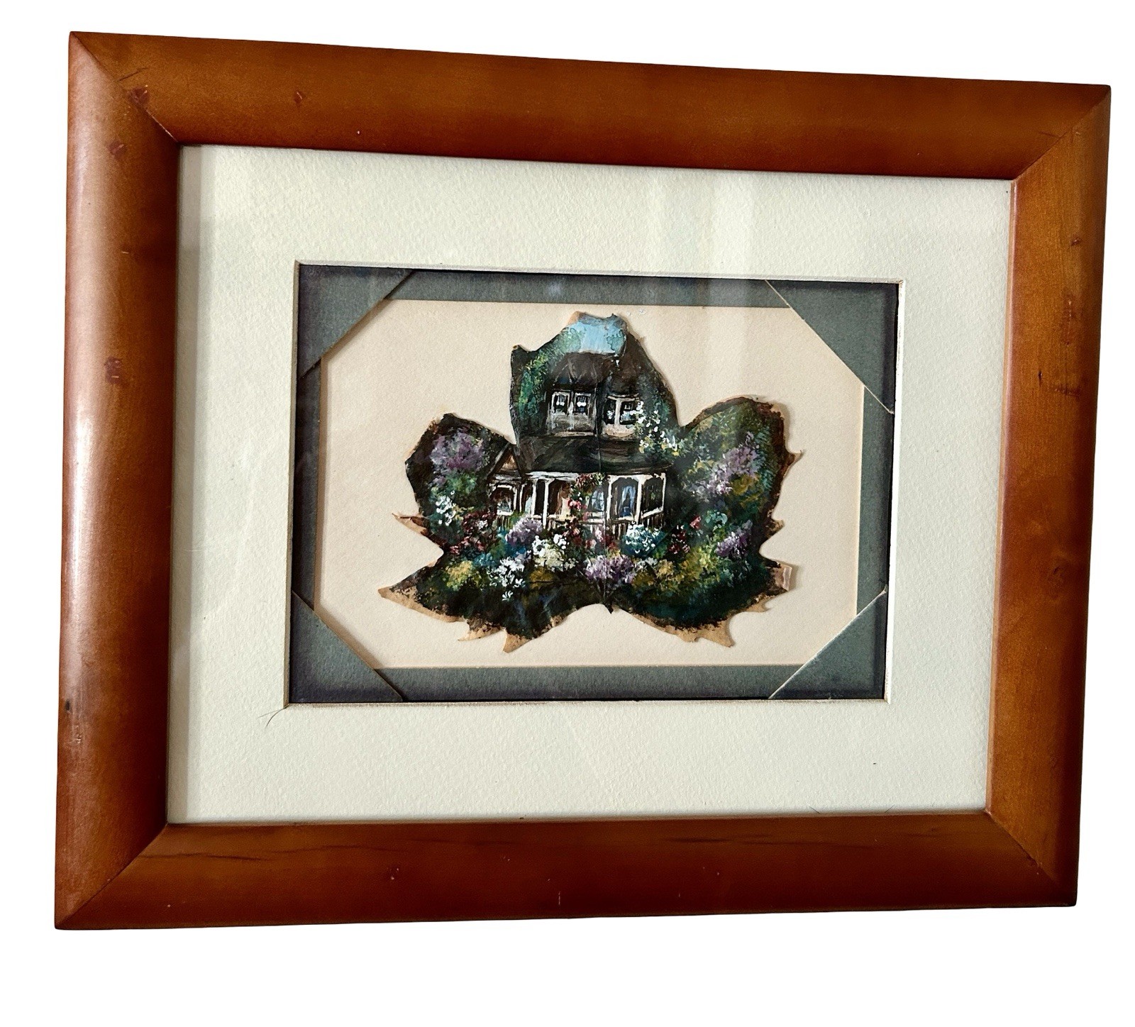 Vtg Original Watercolor Painting On Leaf. Victorian Cottage/Garden Frame. & Mat