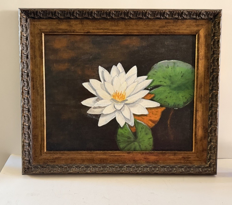 Original Still Life Painting Framed White Water Lily & Green Lily pad 17×14
