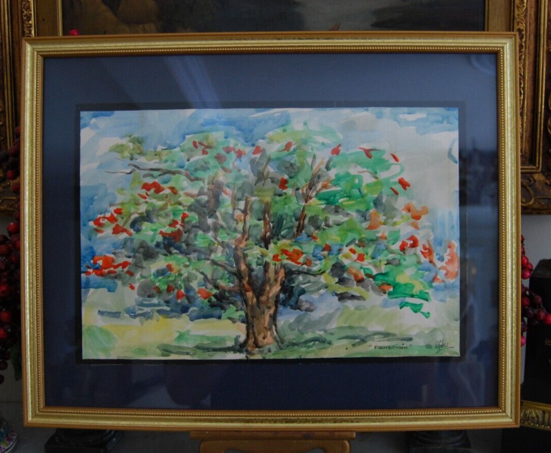 VTG 1970’S A. FERNANDEZ SIGNED WATERCOLOR «FRAMBOYAN» CUBAN ROYAL POINCIANA TREE