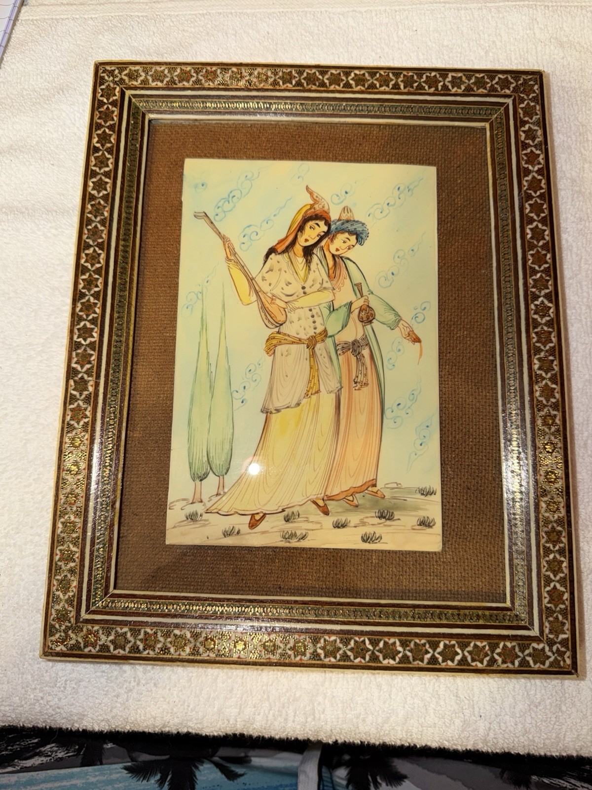 Antique Persian Art Miniature Hand painted Couple With Hand Inlaid Mosaic Frame