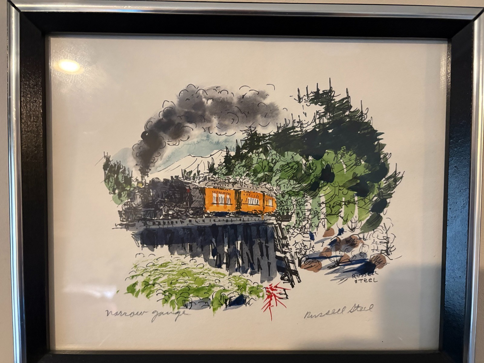 Original Watercolor Ink Painting SIGNED Russell Steel Train Railroad Narrow Gaug