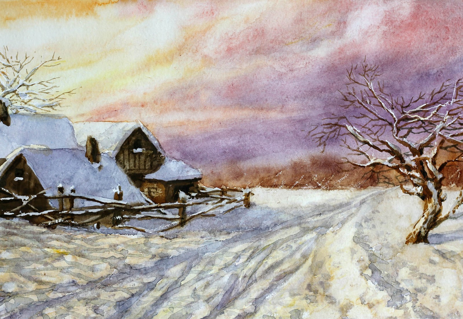 Original Watercolor Winter Landscape Village Road – Pink Purple Sunset Sky