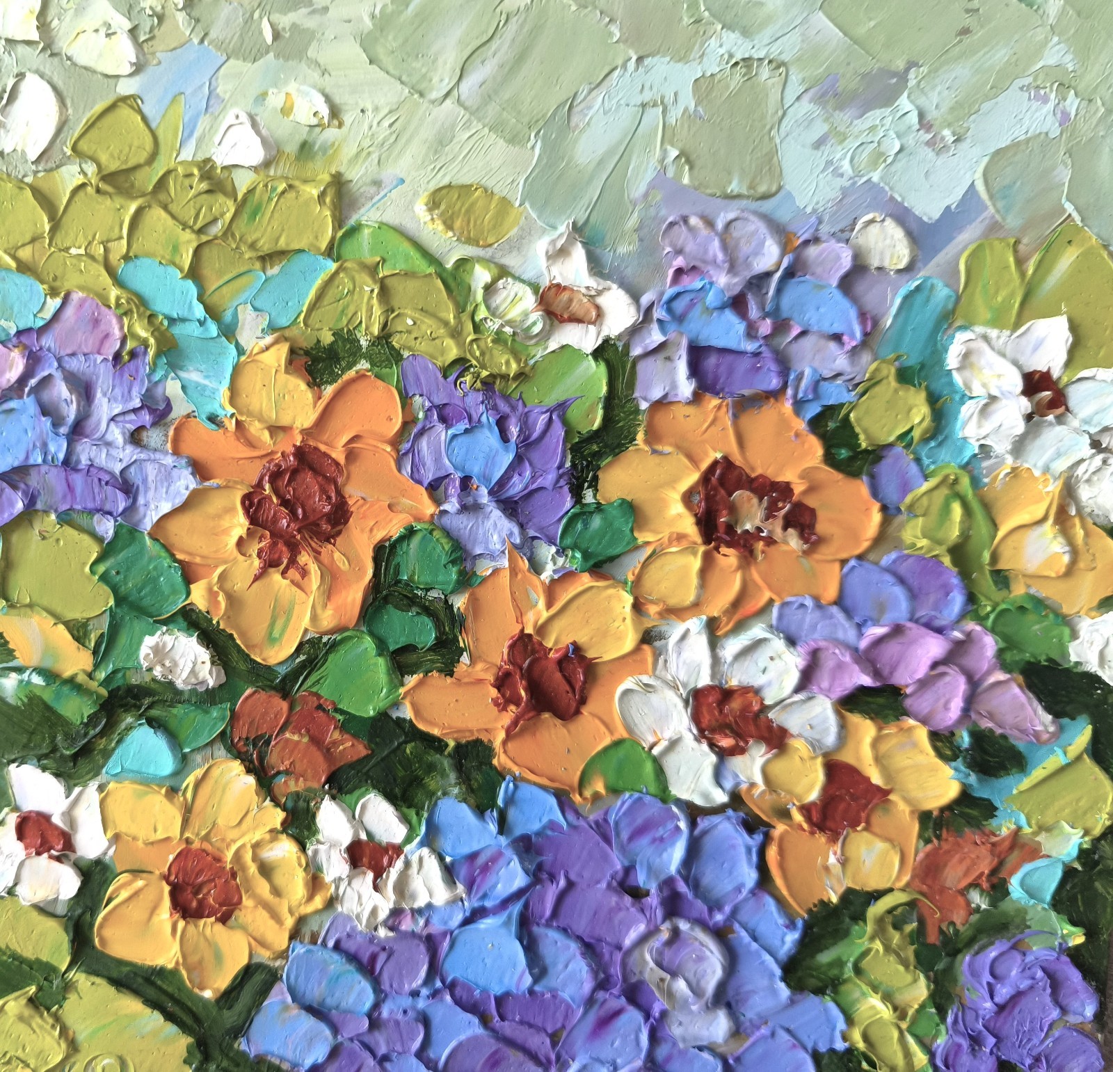 Original Oil painting Sunflowers and Hydrangea Art 6x6in Flower Impasto Art