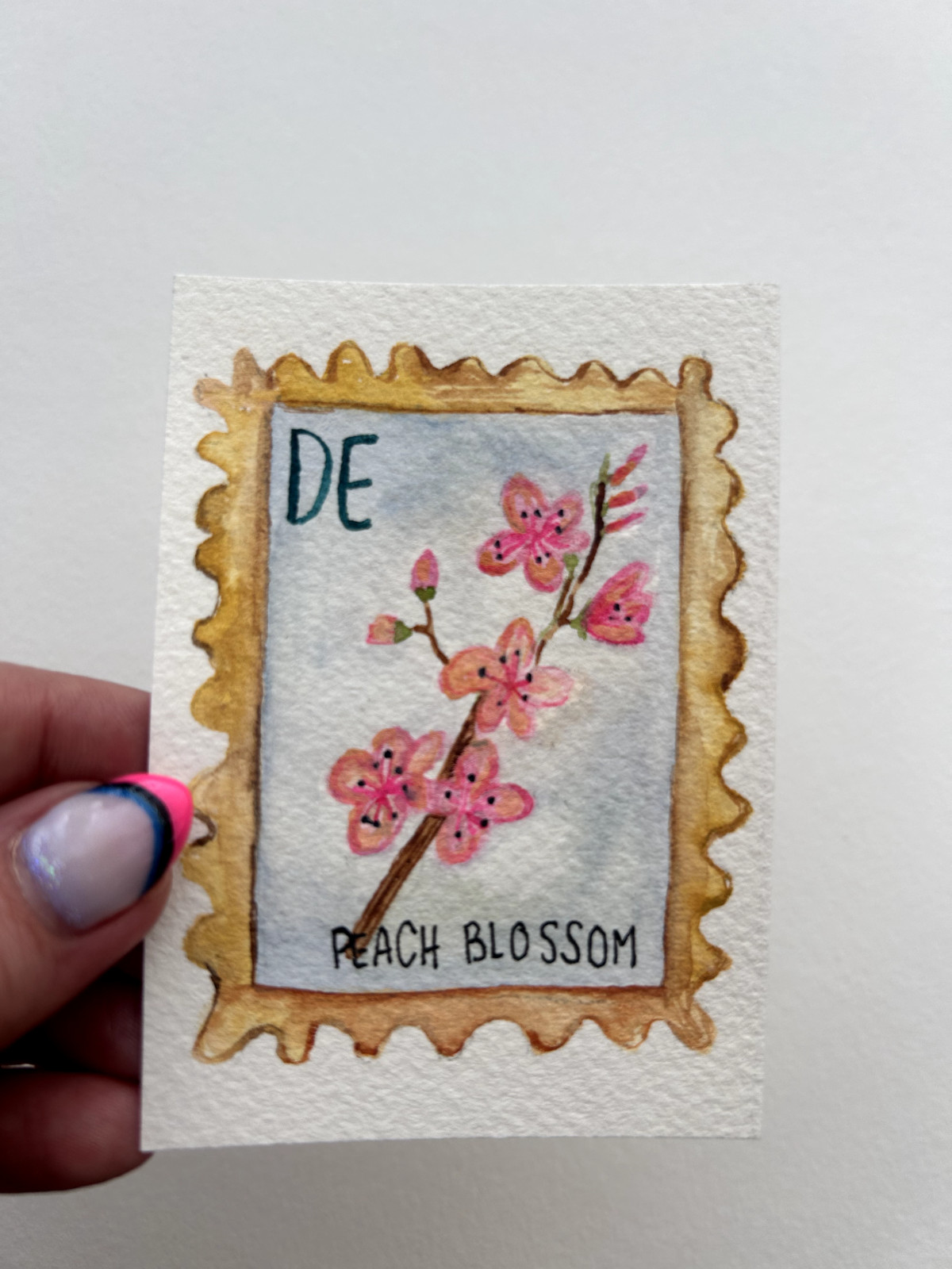 ACEO Original – Sawyer Crane Watercolor Postage Stamp Peach Blossom Delaware DE
