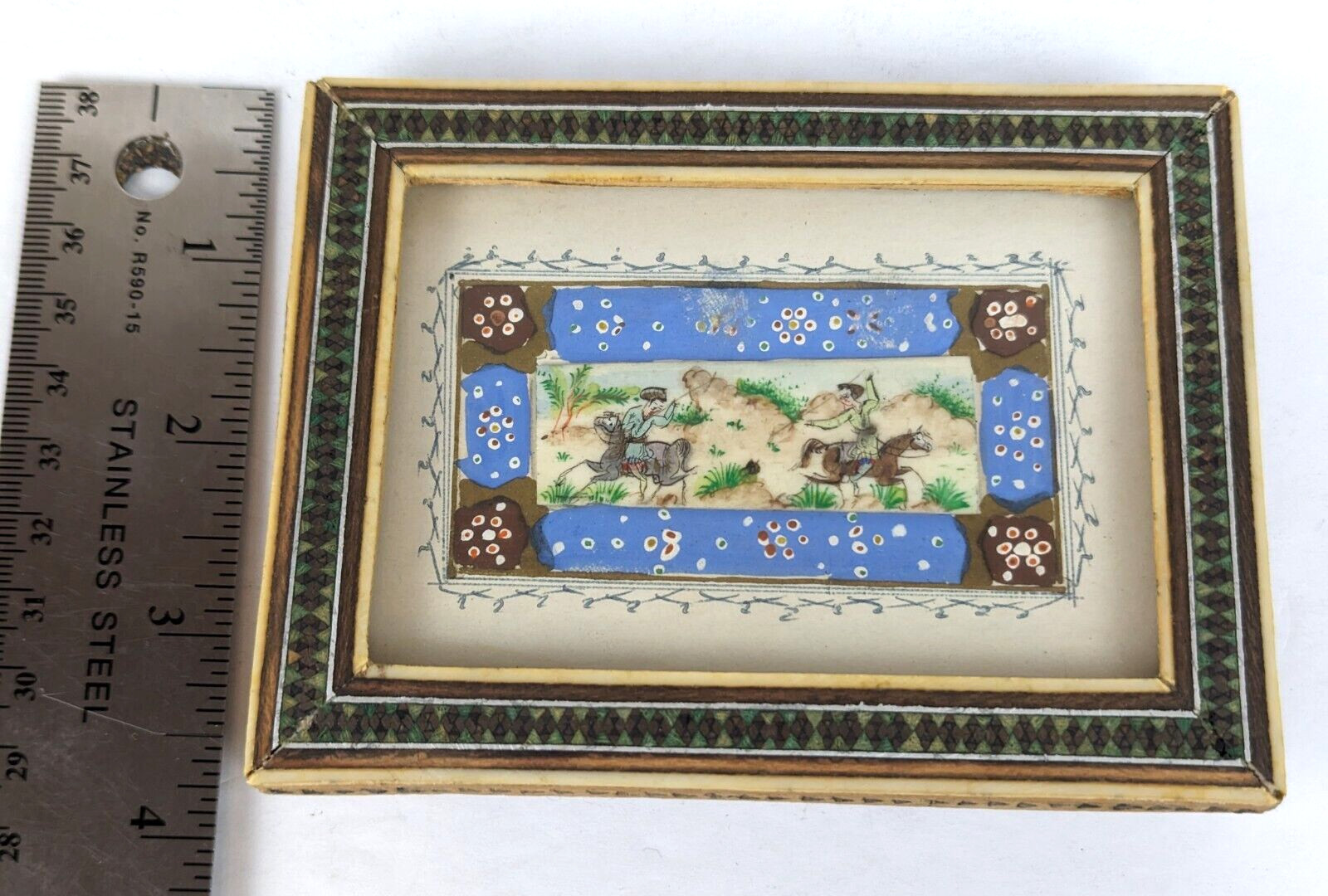Khatam Inlay Marquetry Mosaic Frame Antique Persian Mini Painting 5″ x 3.75″