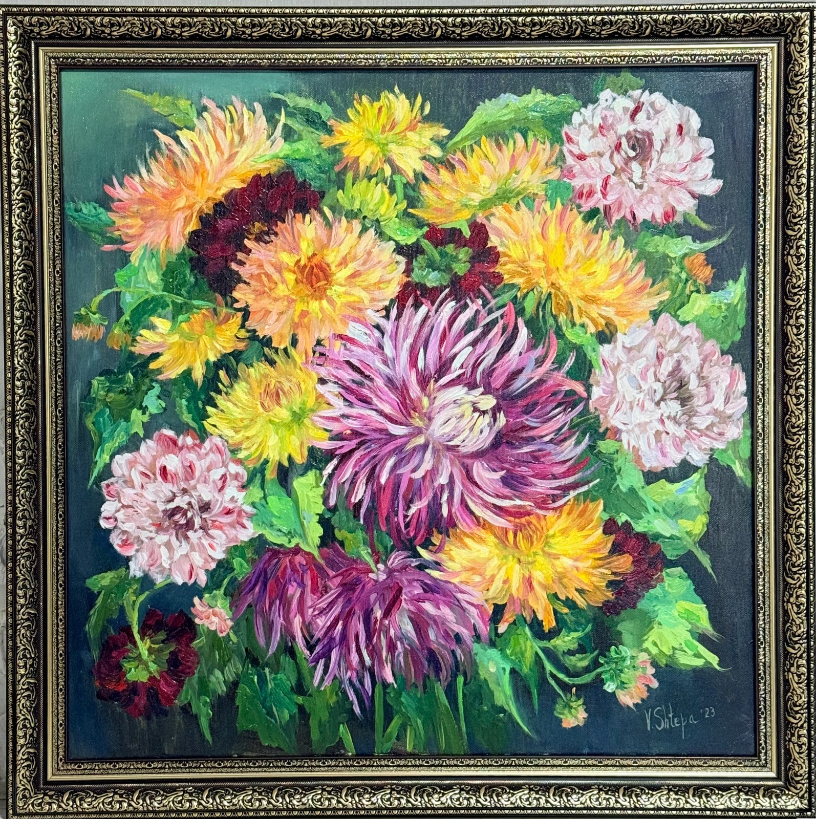 Dahlias Chrysanthemums Original Oil Painting Art Wildflowers Flower FRAMED 23×23