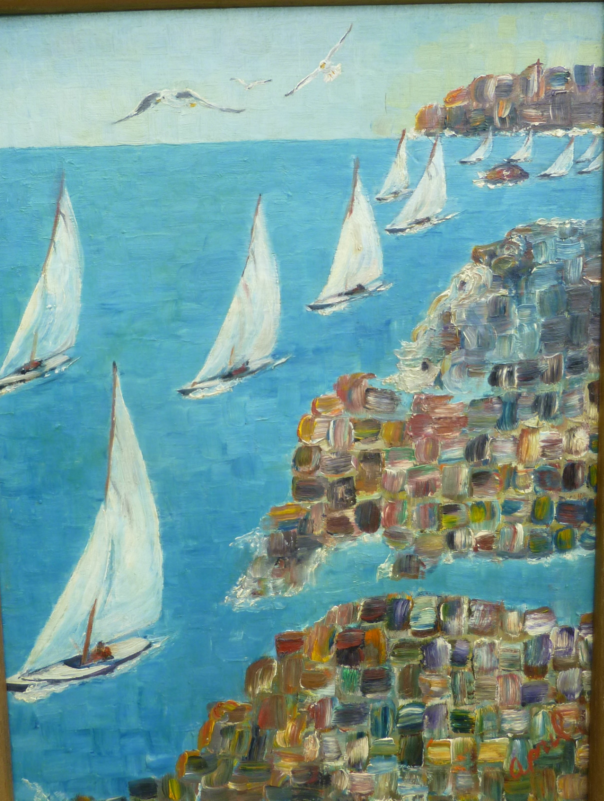 Original OIL Painting SAILBOATS Racing Along SURREAL CUBIST Coast SURREALIST