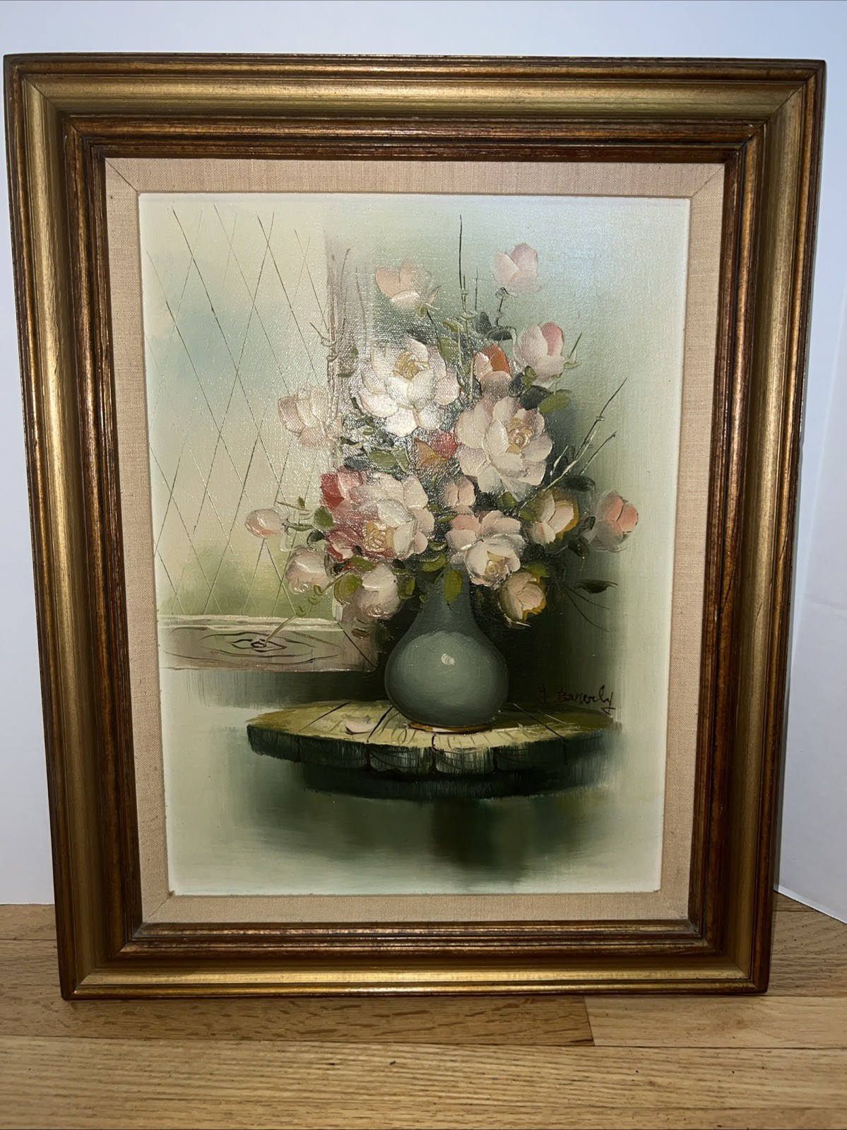 VTG MCM Framed Floral Still Life Oil Painting Canvas Pink Roses Cottage Art